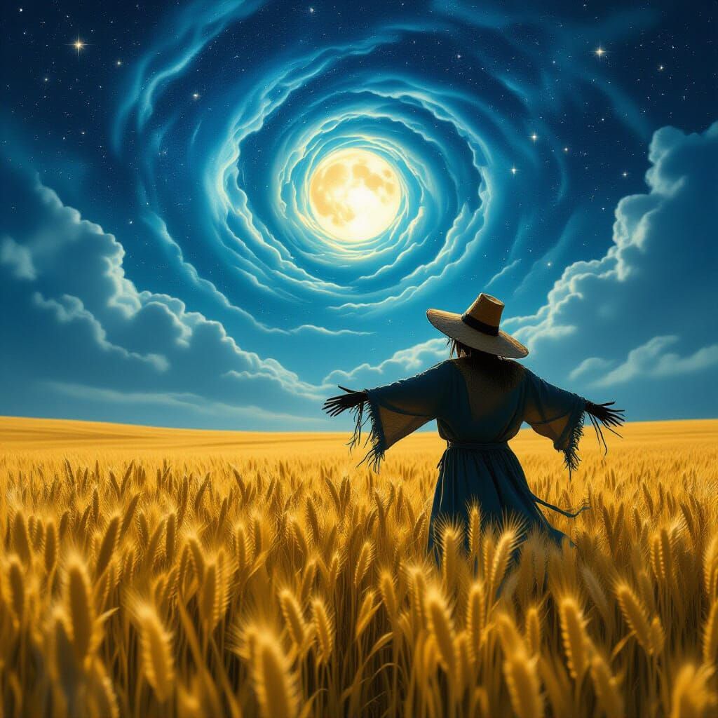 Surreal Scarecrow Under Cosmic Night Sky
