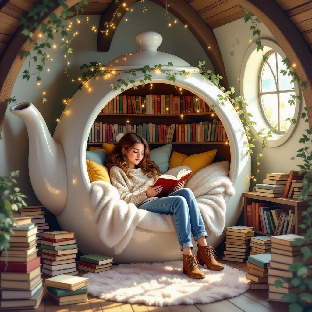 Sleepy Teen in Teapot Reading Nook