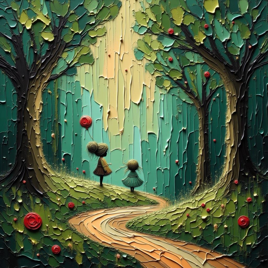Whimsical Garden Path Oil Painting with Lost Child
