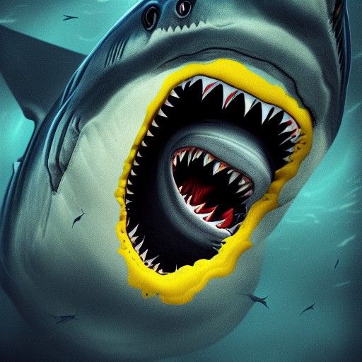 Shark Attack: Intricate Digital Illustration in Yellow and B...