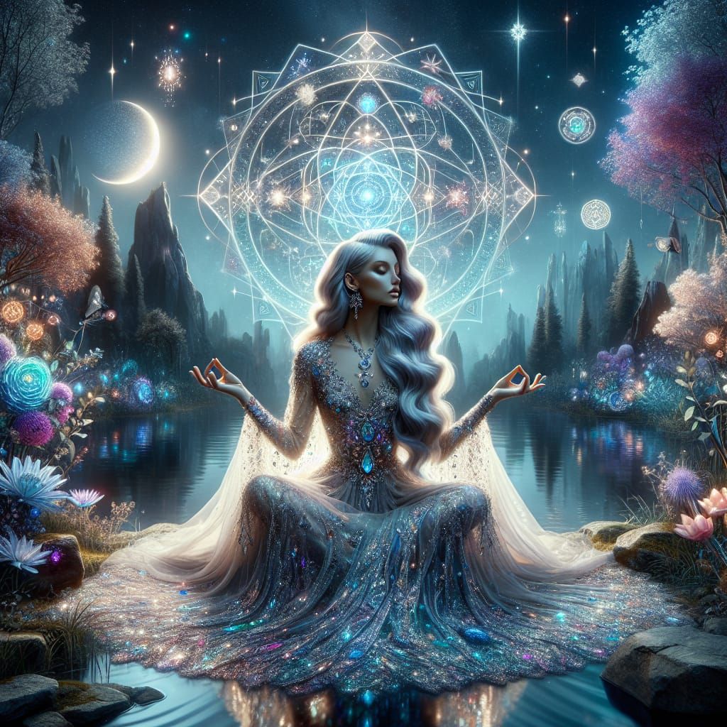 Mystical Woman Meditating by Lake in Dreamy Landscape