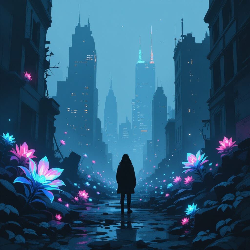 Glowing Plants in Ruined City, Atmospheric Landscape