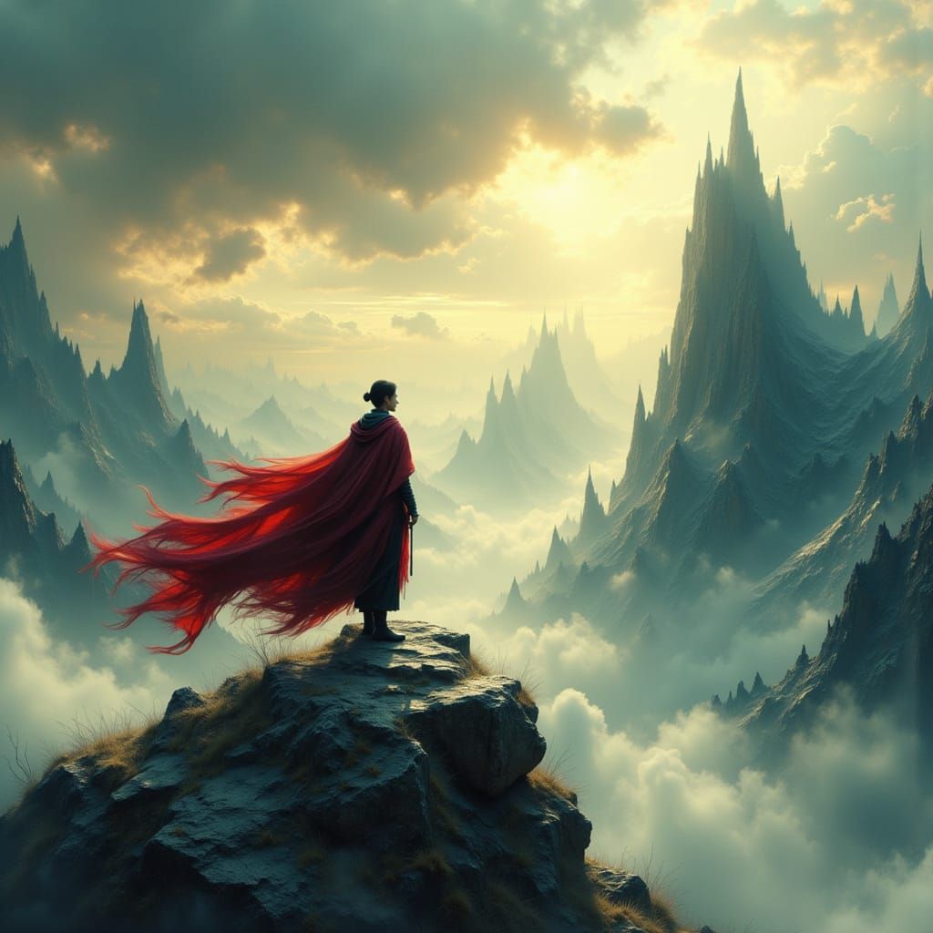Warrior on Windswept Peak Gazing into Ethereal Valley