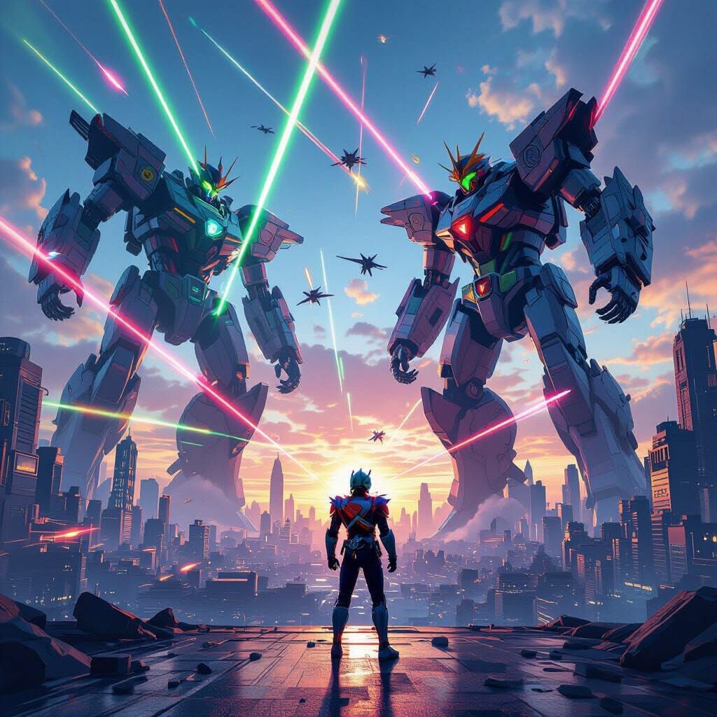 Kamen Rider Battles Giant Robots in Laser-Filled Cityscape