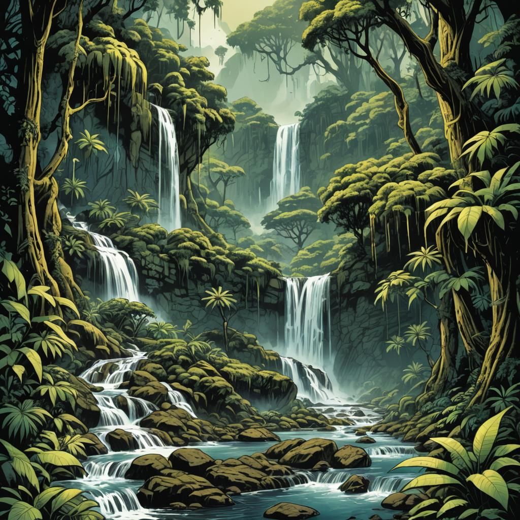 Lush Jungle Waterfall in Comic Book Style