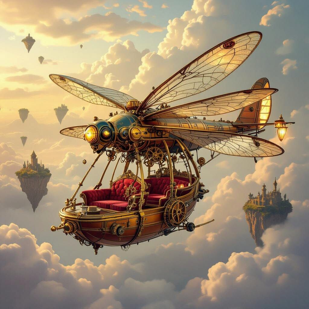 Steampunk Dragonfly Airship Soaring Through Floating Islands