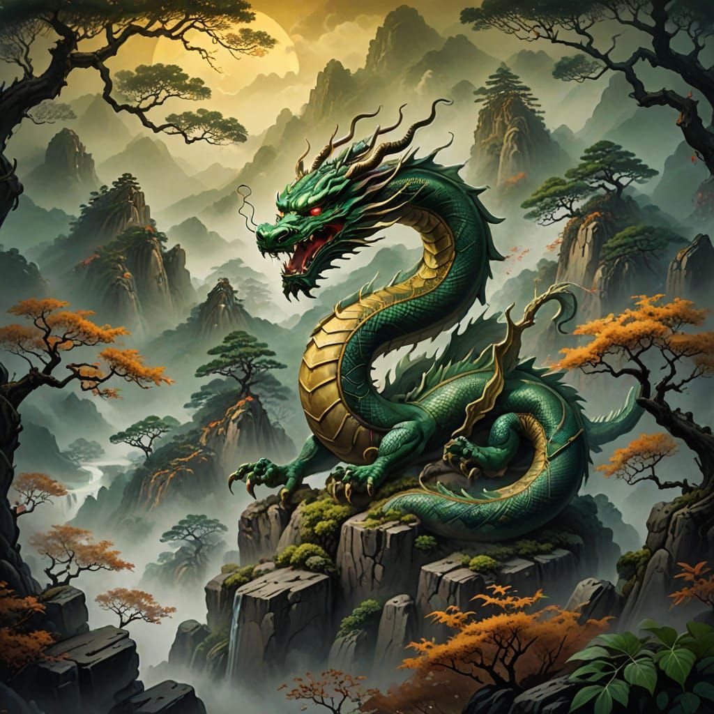 Ethereal Shenlong Dragon in Misty Mountains Landscape