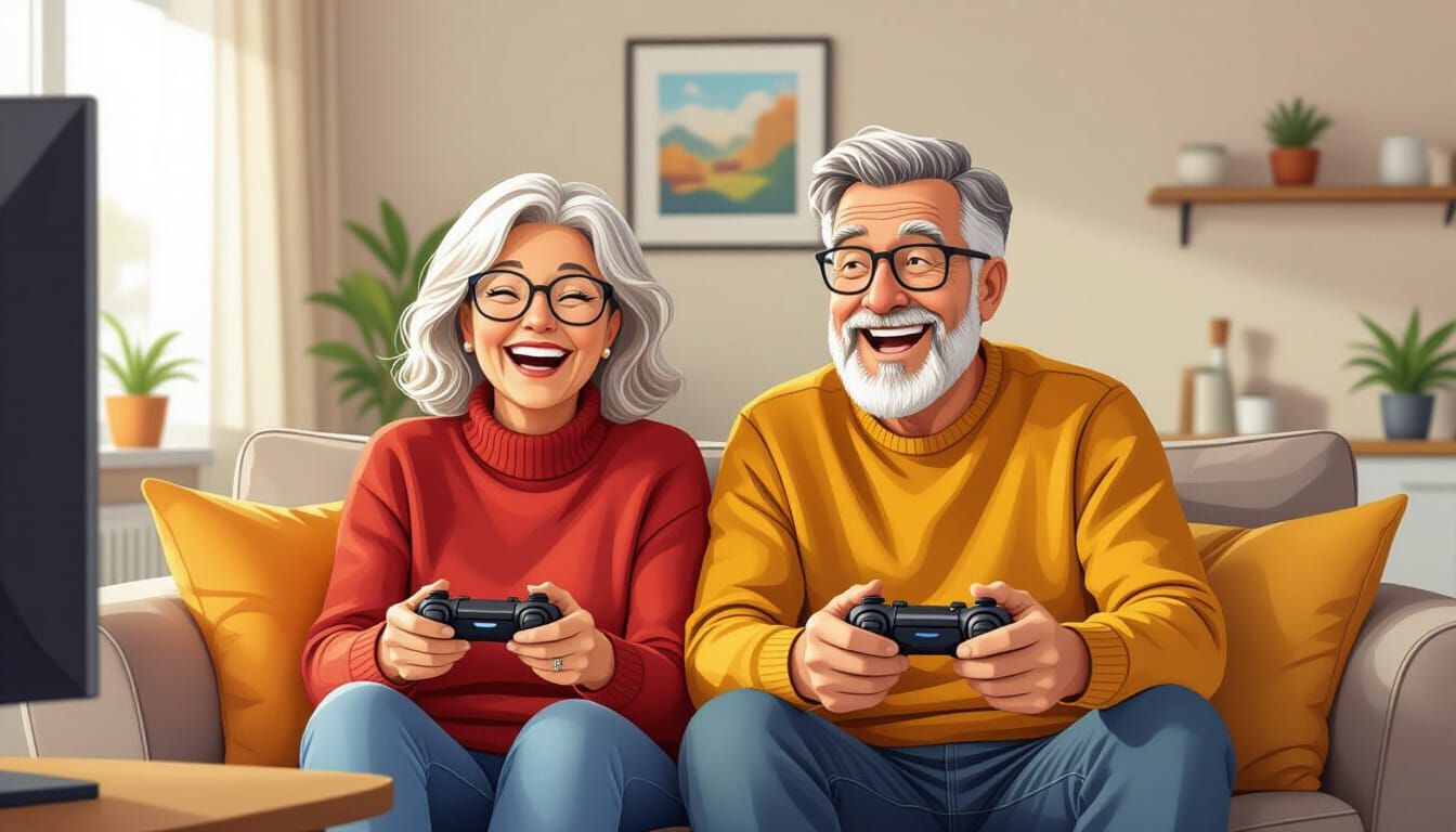 Whimsical Cartoon of Elderly Couple Gaming Together