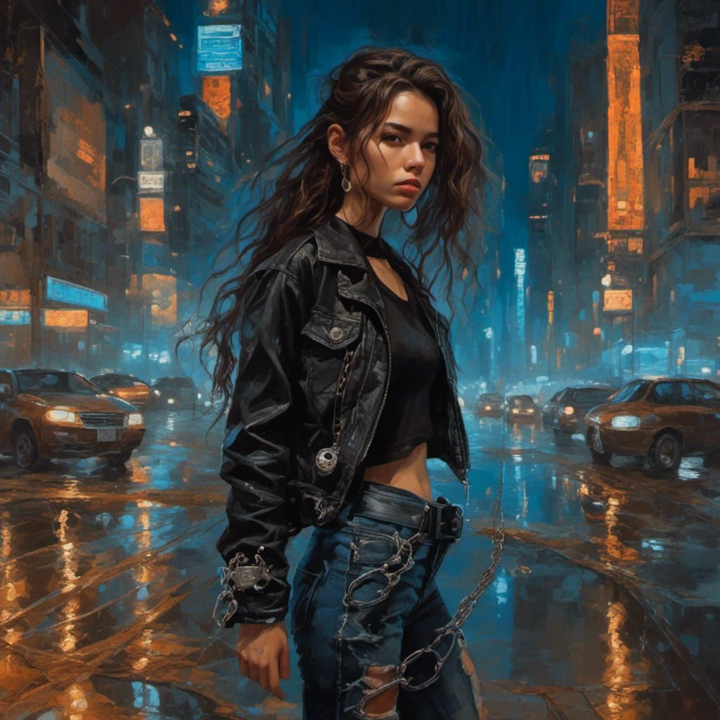 Realistic Girl in Cityscape as Oil Painting