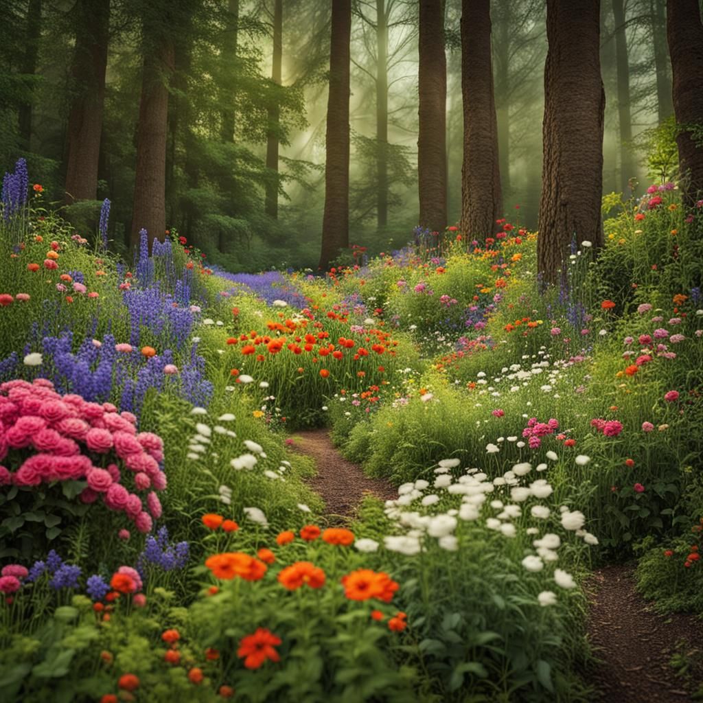 Lush Flower Garden Hidden in Forest