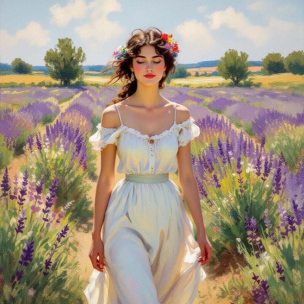 Lavender Haired Woman in Sunny Field: Impressionistic Style