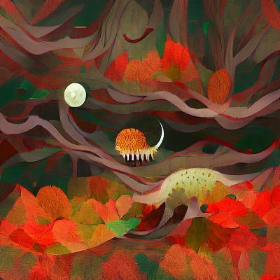 Mystical Autumn Forest with Moon Creature