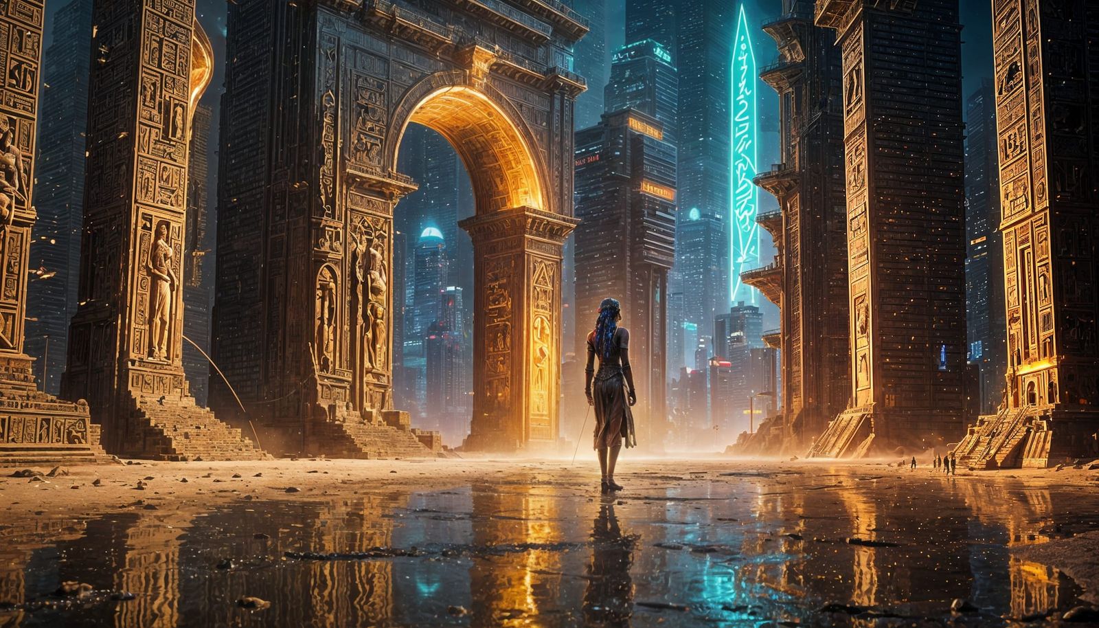 Figure at Portal Between Egypt and Cyberpunk Era