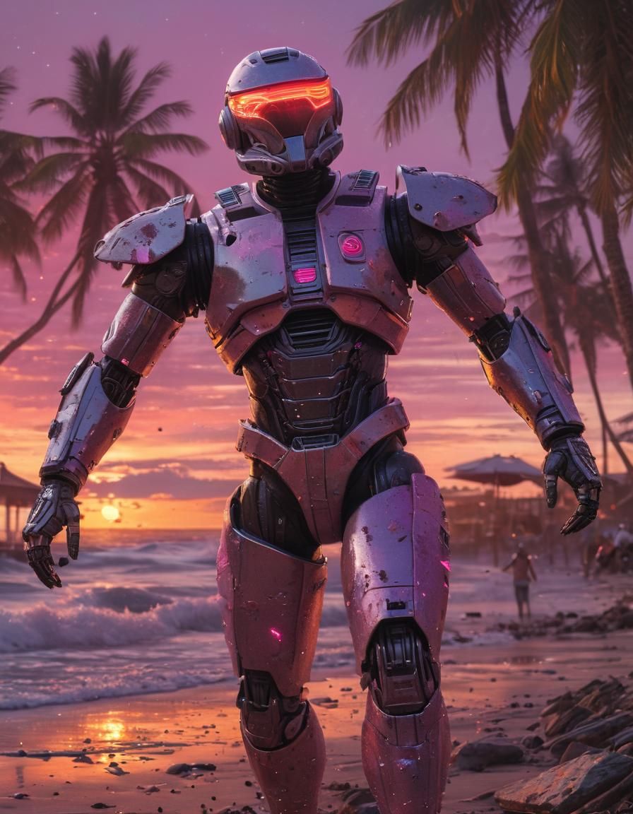 Cyberborgs in Synthwave Warscene with Beach and Pizza