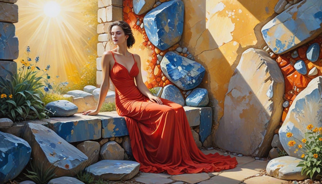 Woman in Garden: Whimsical Gouache Painting