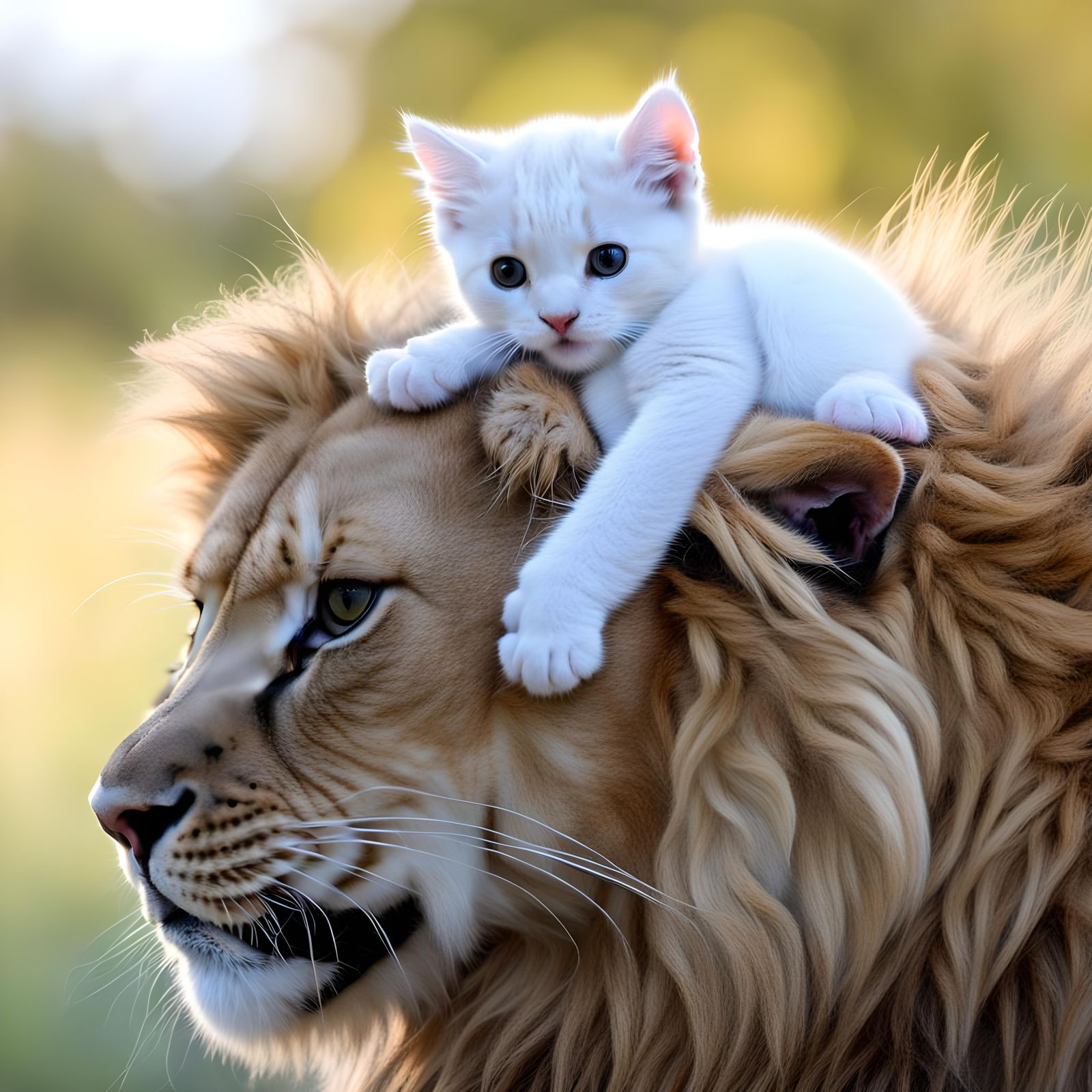 White Kitten Rides a Lion