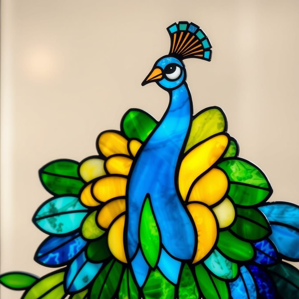 Stained Glass Peacock with Vibrant, Intricate Feathers