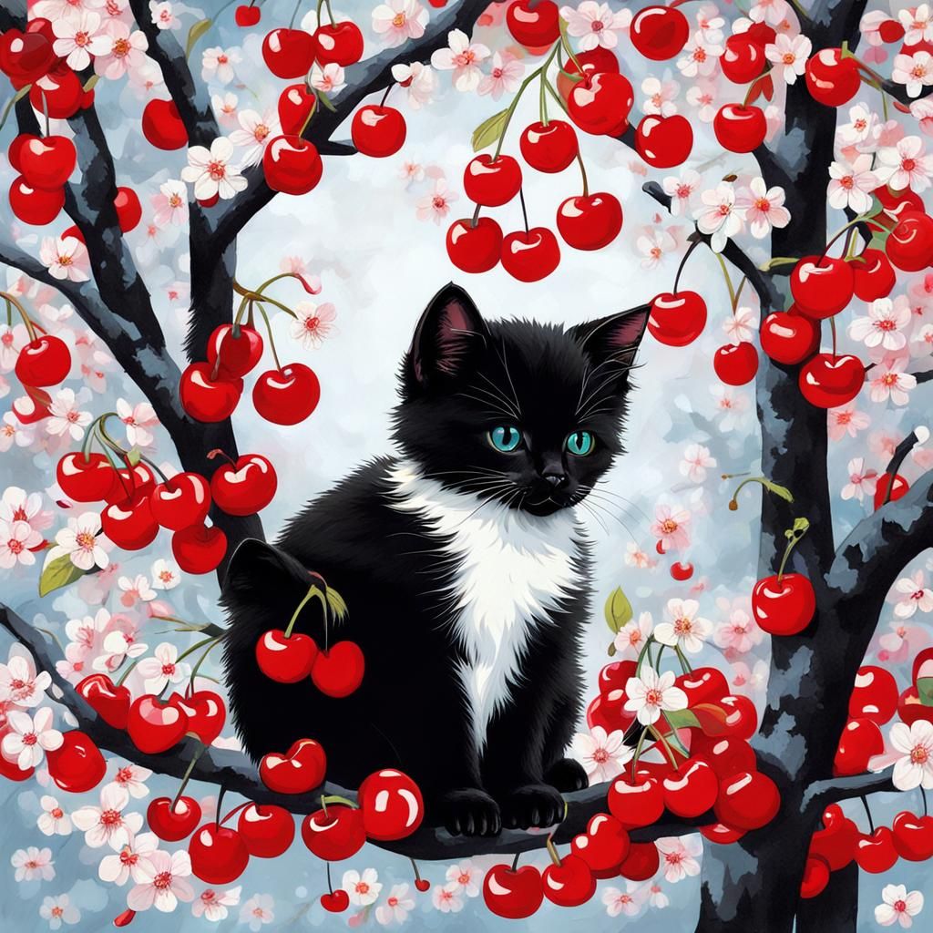 Kittens Under Cherry Tree with Red Blossoms