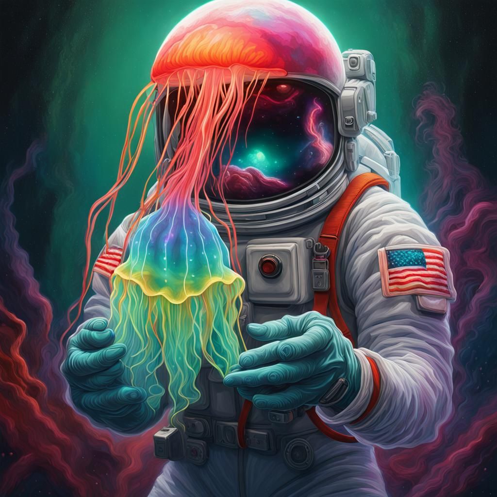 Astronaut with Rainbow Jellyfish in Neon Fantasy Realism
