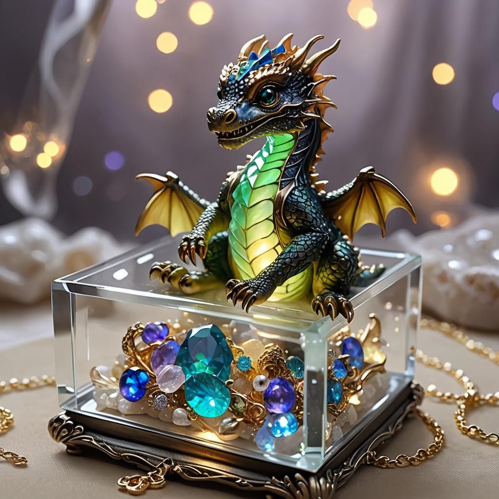 Baby Dragon in Jewelry Box with Glowing Glass