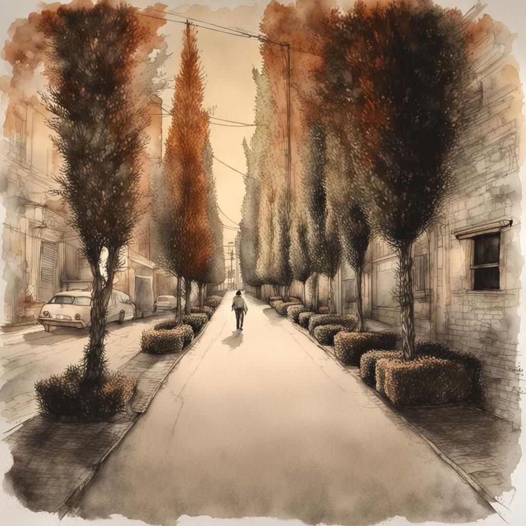 Night Street Scene in Watercolor and Etching Style