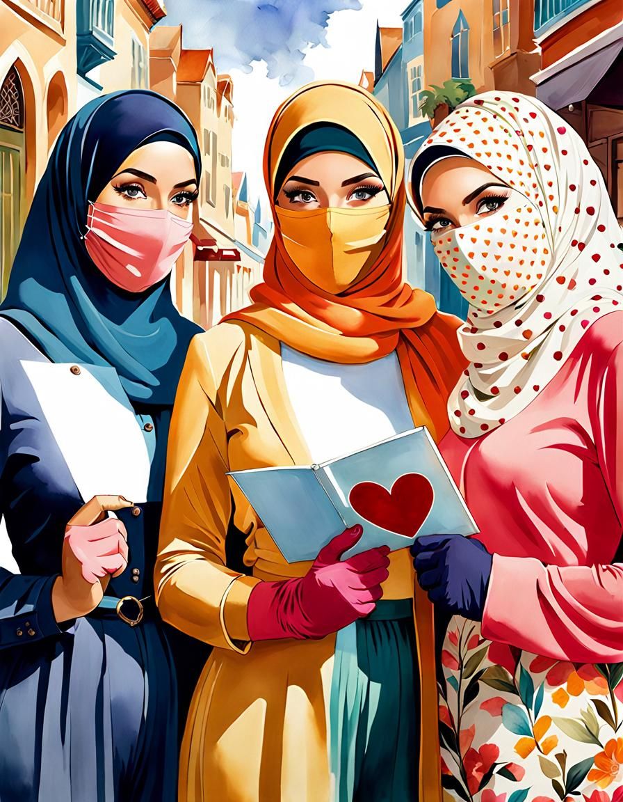 Vibrant Watercolor Portrait of Hijab Women with Heart