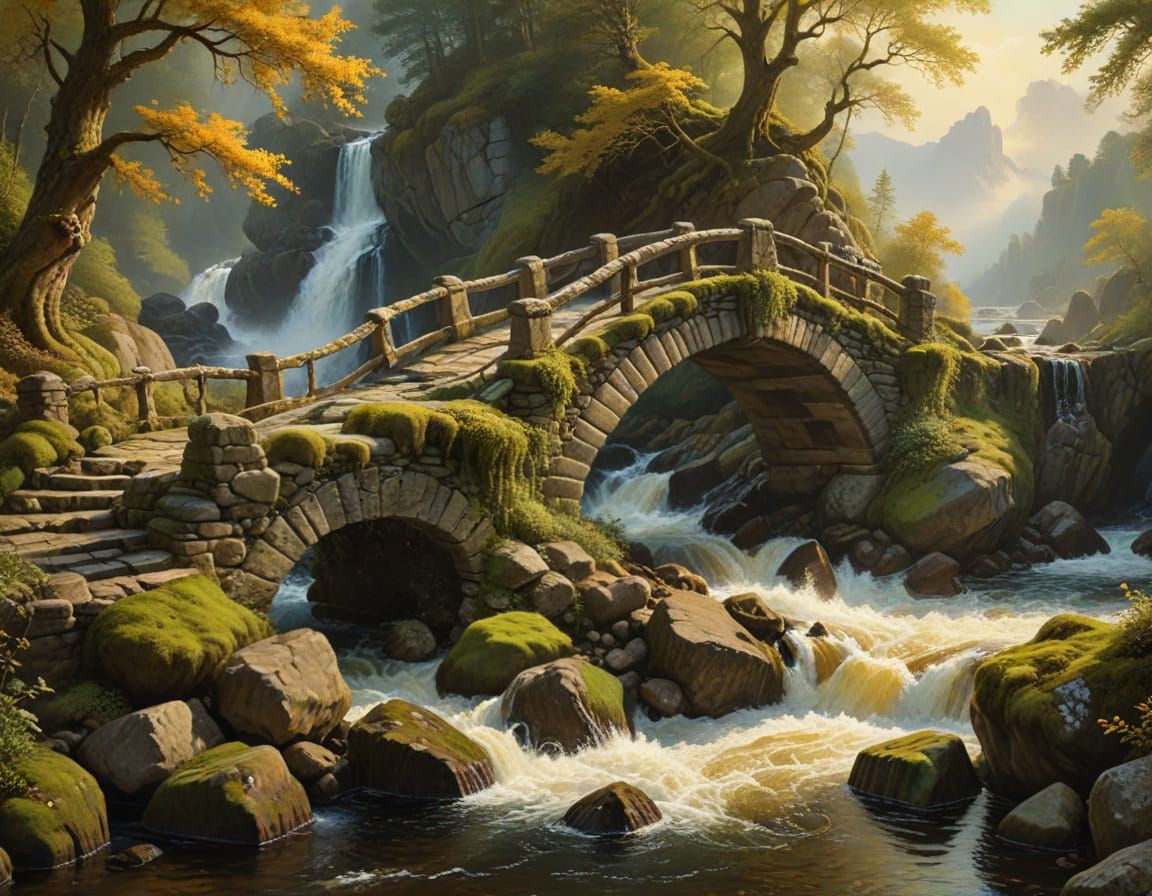 Mossy Troll Bridge over White Water Rapids