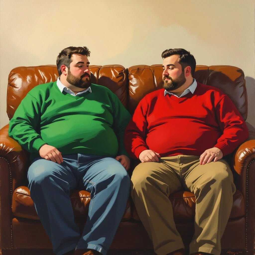 Two Men in Sweaters on Couch, Realistic Painterly Style