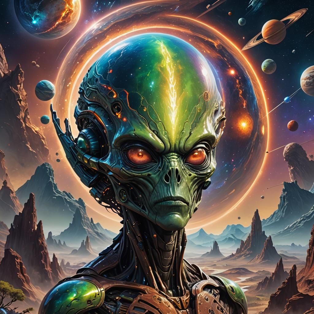 Sci-Fi Alien Landscape Portrait in Maximalist Style