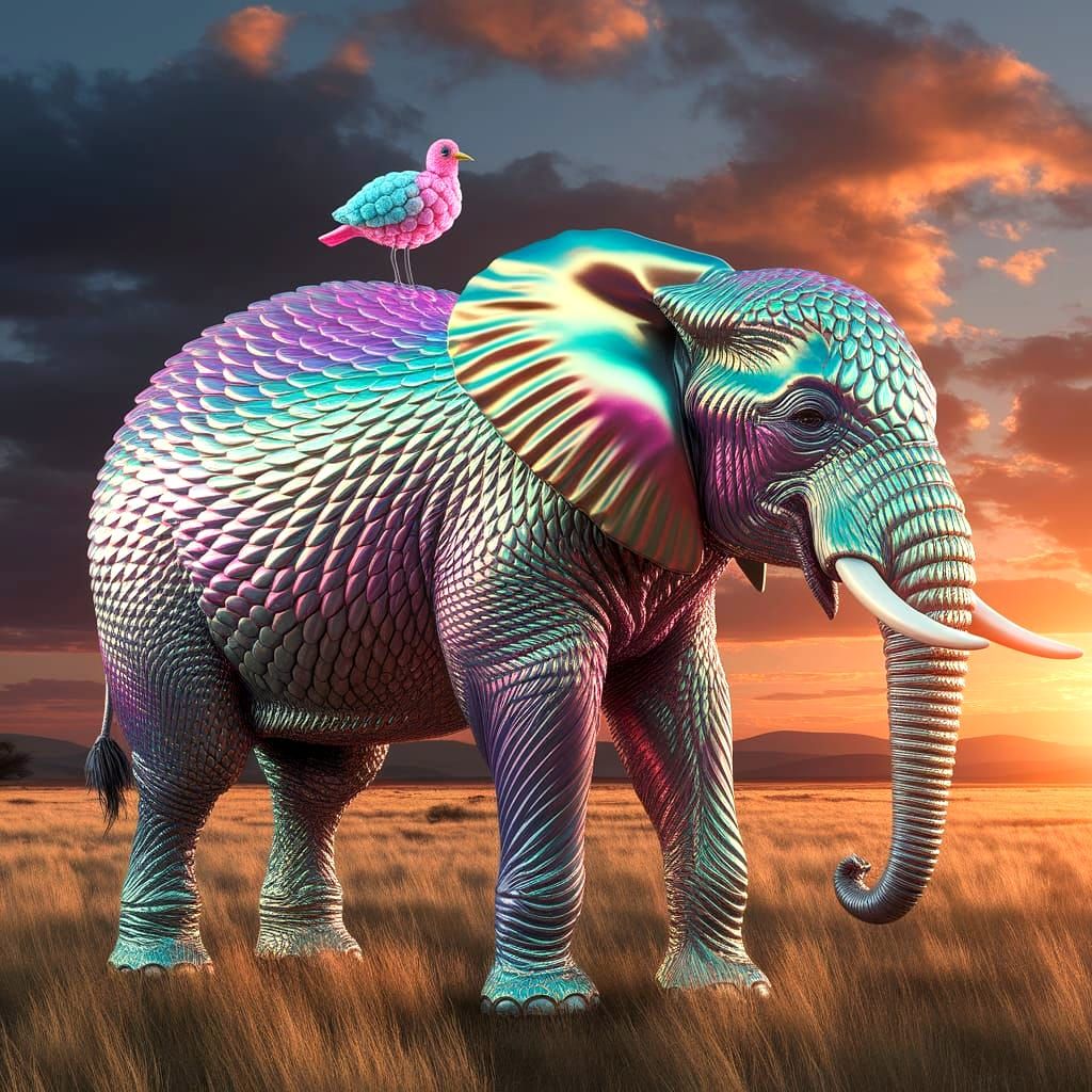 Feathered Elephant and Marshmallow Bird in Savannah Sunset