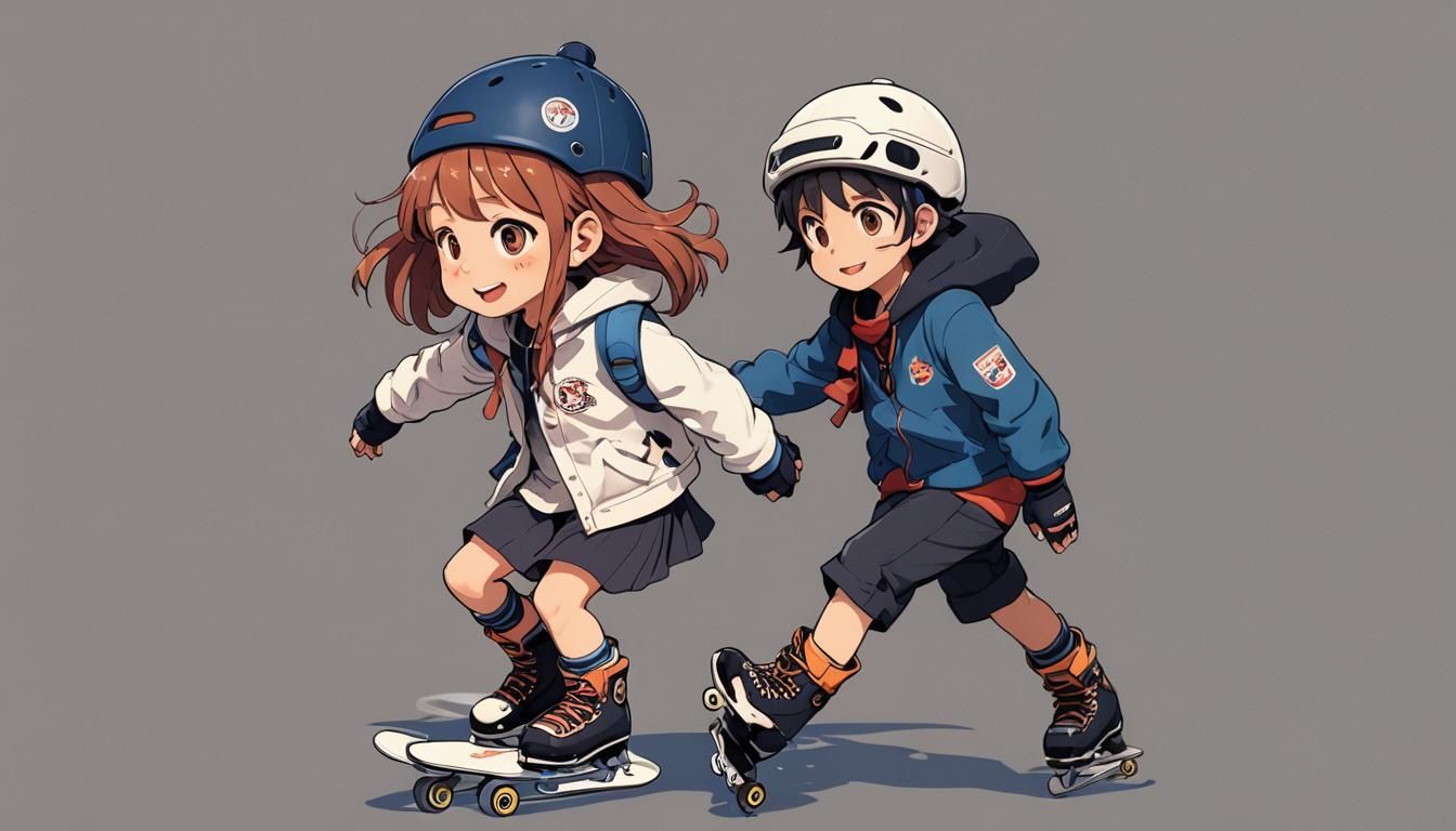 Cute Cartoon Kids Skating in Anime Style