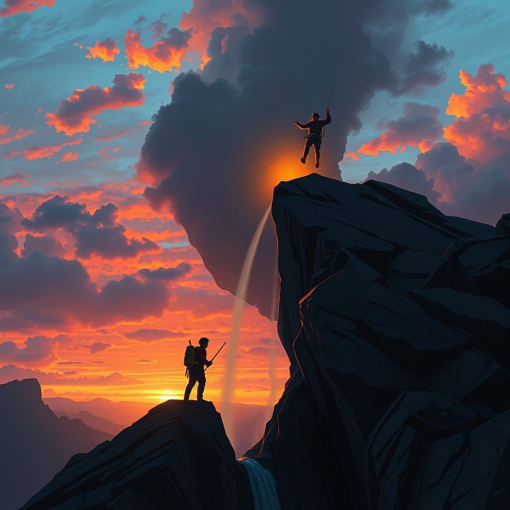 Man Jumps from Cliff at Sunset in Atmospheric Style