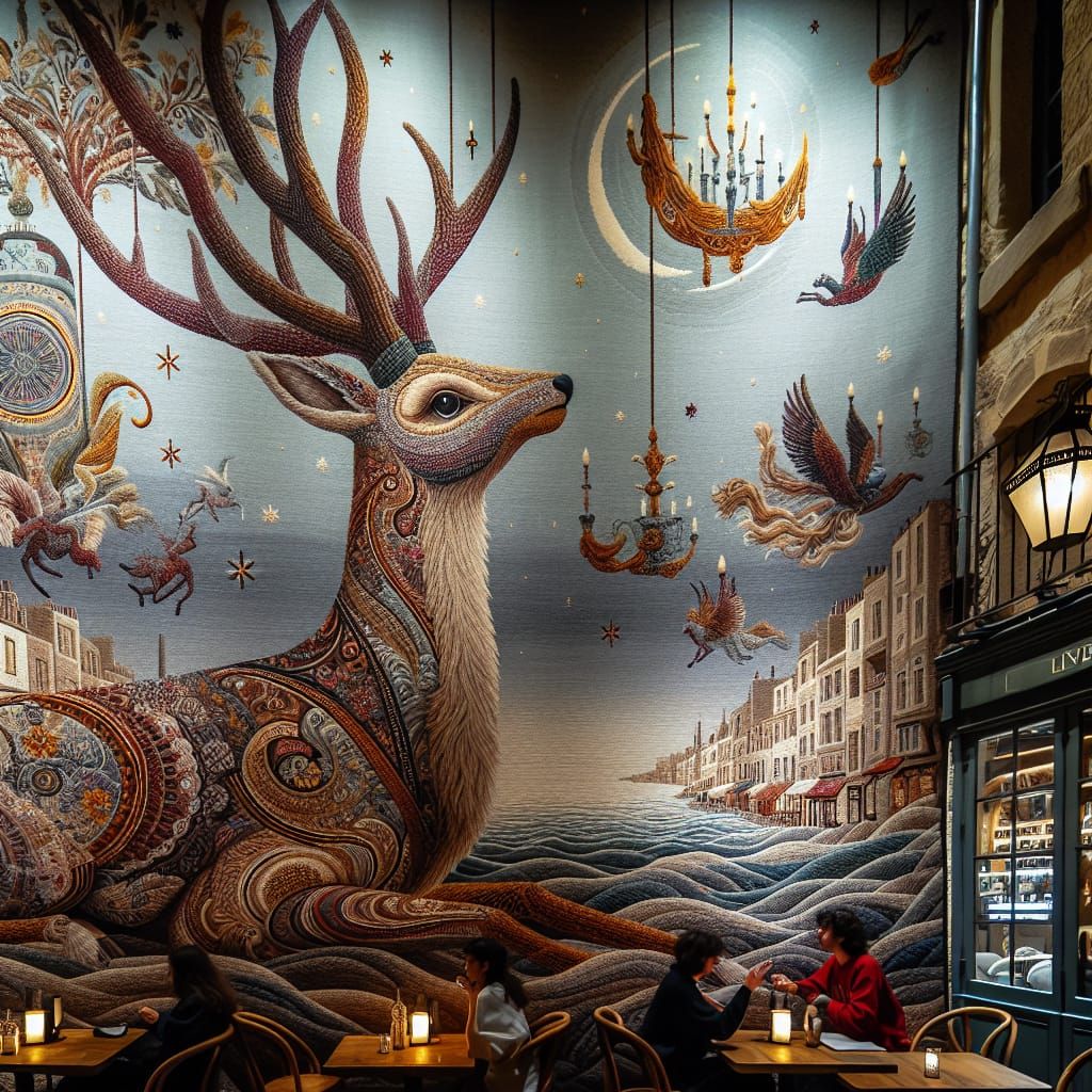Personified Deer Listening to the Sea in Cafe