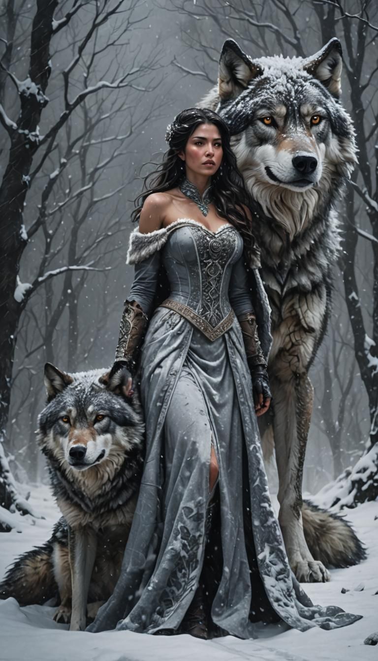Blizzard Fantasy: Woman and Wolf in Winter Storm