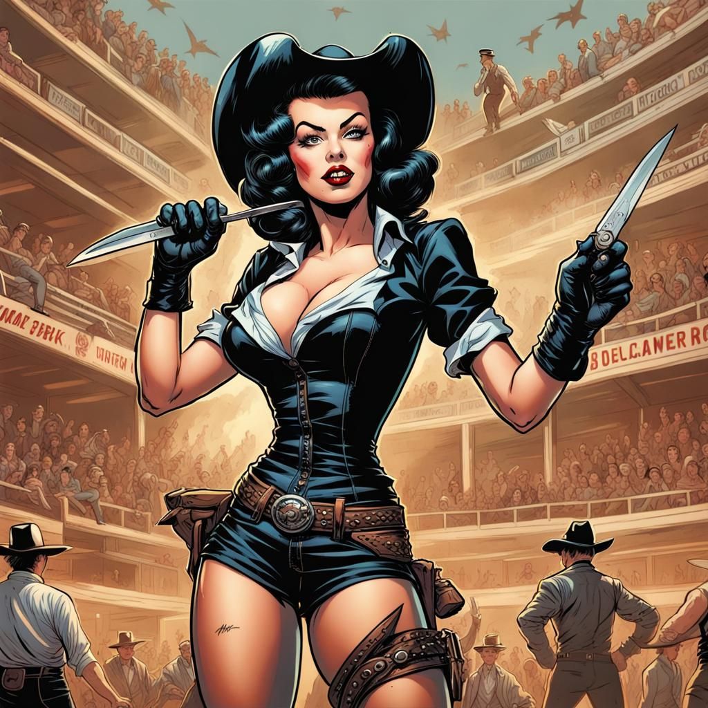 Goth Pinup Girl Knife Thrower, Comic Book Art