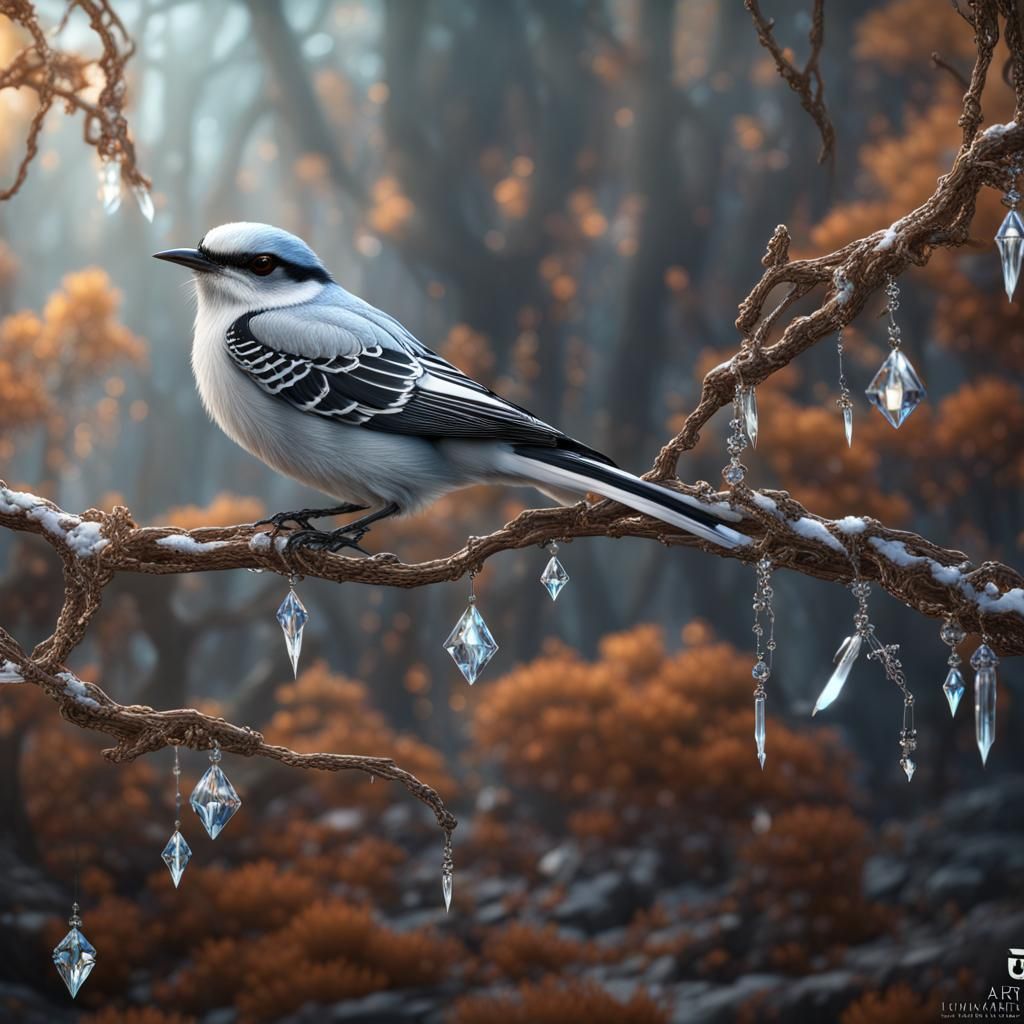 Northern Shrike on Silver Branch with Crystals