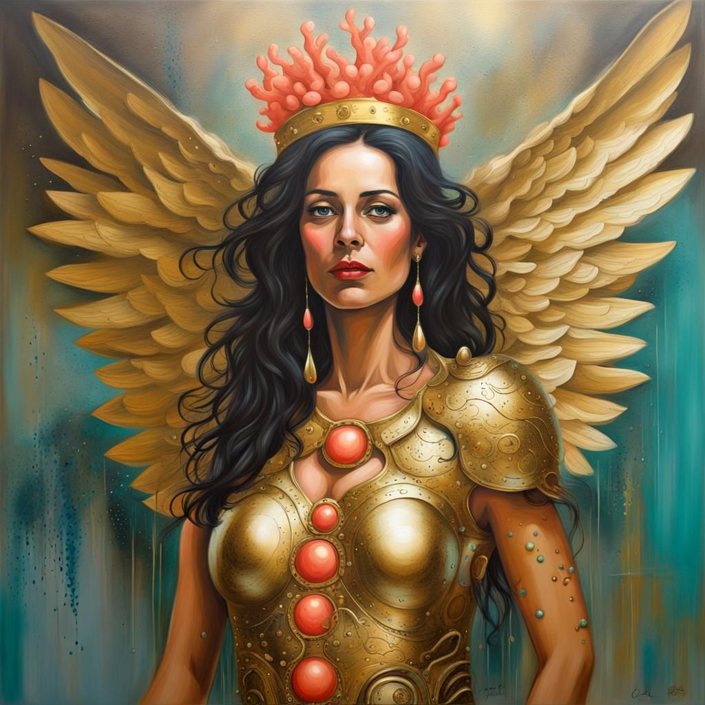 Angelic Spanish Woman with Gold Coral Wings