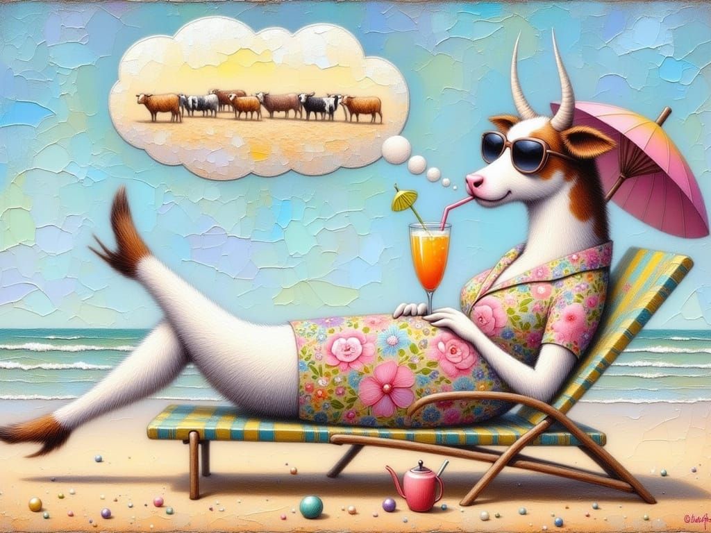 Whimsical Cow Enjoys Tropical Vacation