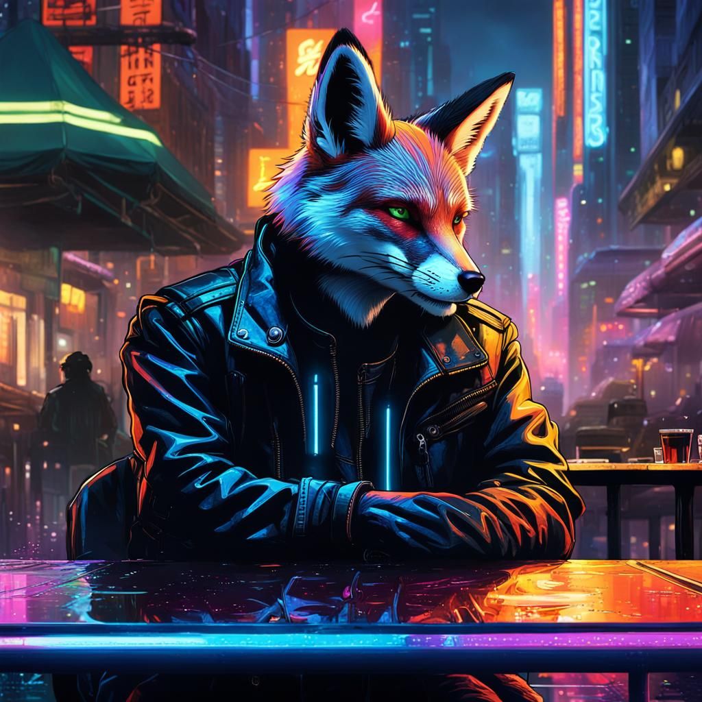 Cyberpunk Fox in Neon Cityscape at Night