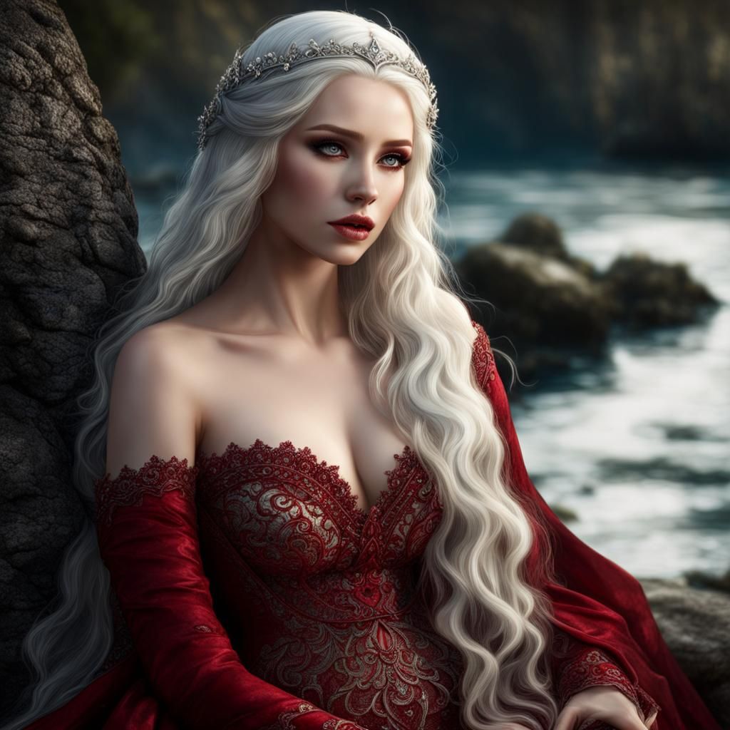 Elegant Woman with Jade Eyes in Crimson Dress