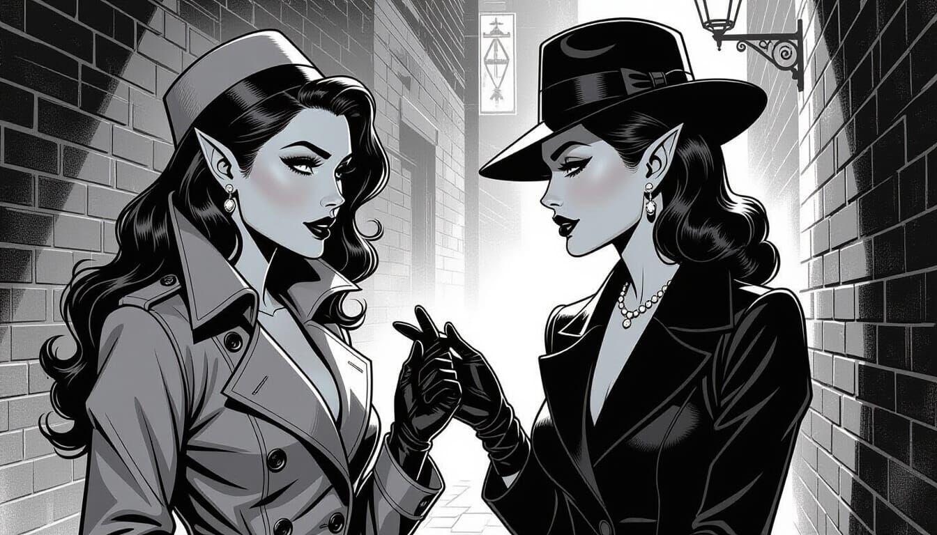Noir Elf Detective and Tiefling Femme Fatale in Alley