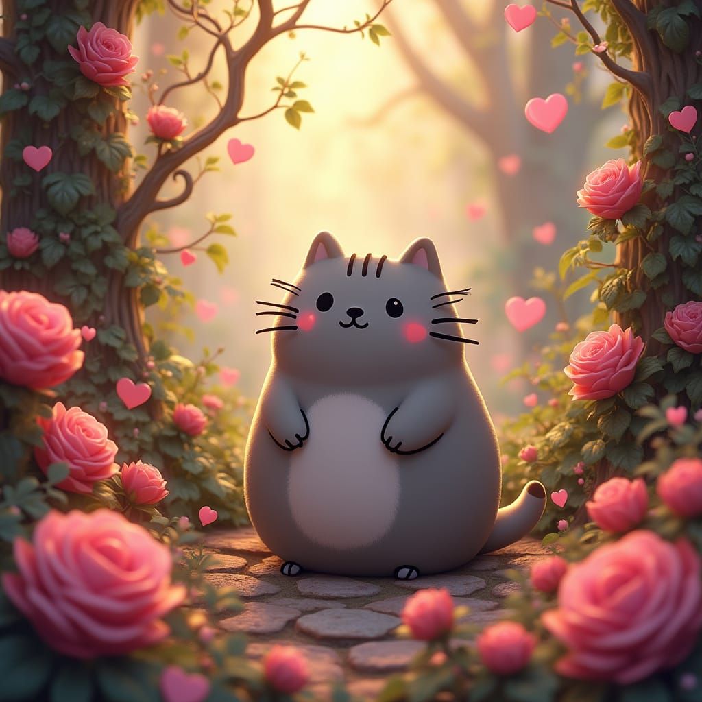 Chubby Cat Amidst Vibrant Valentine's Day Wonderland