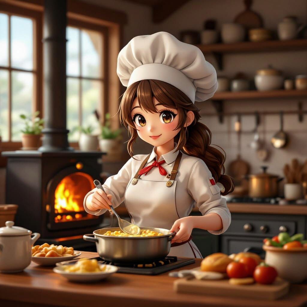 Cozy Kitchen Cook in Vibrant 3D Anime Style