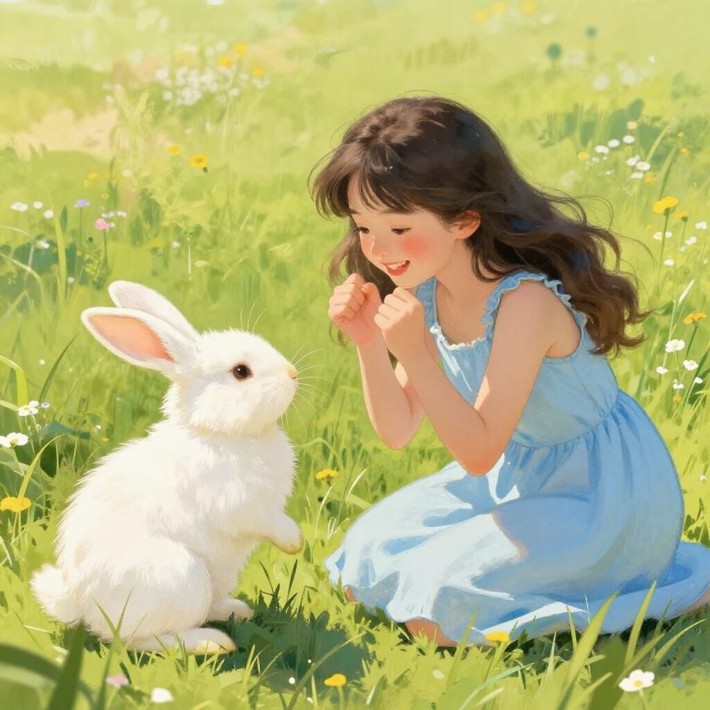 Joyful Woman Interacts With Fluffy Rabbit in Meadow
