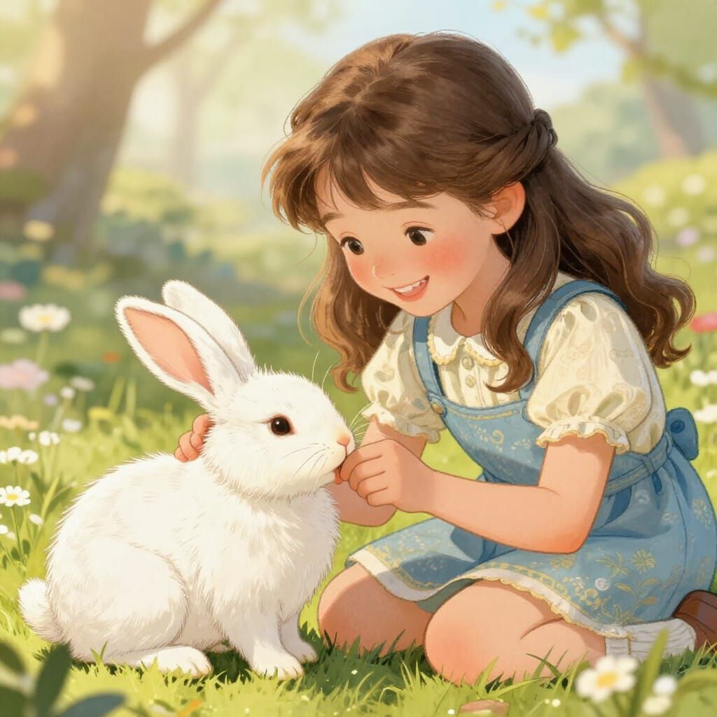 Joyful Woman Interacts with Fluffy Rabbit in Storybook Style