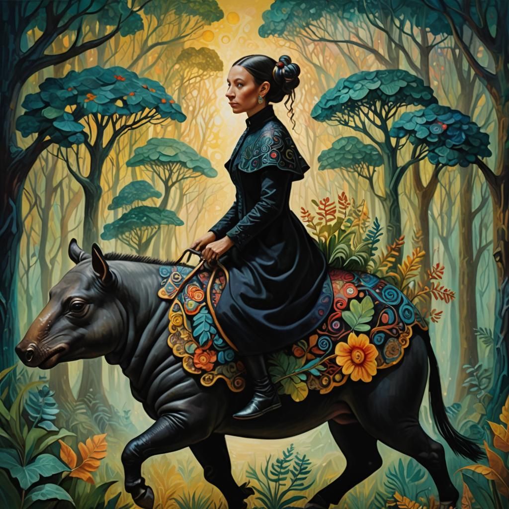 Uncanny Being Rides Tapir in Surreal Impasto Forest