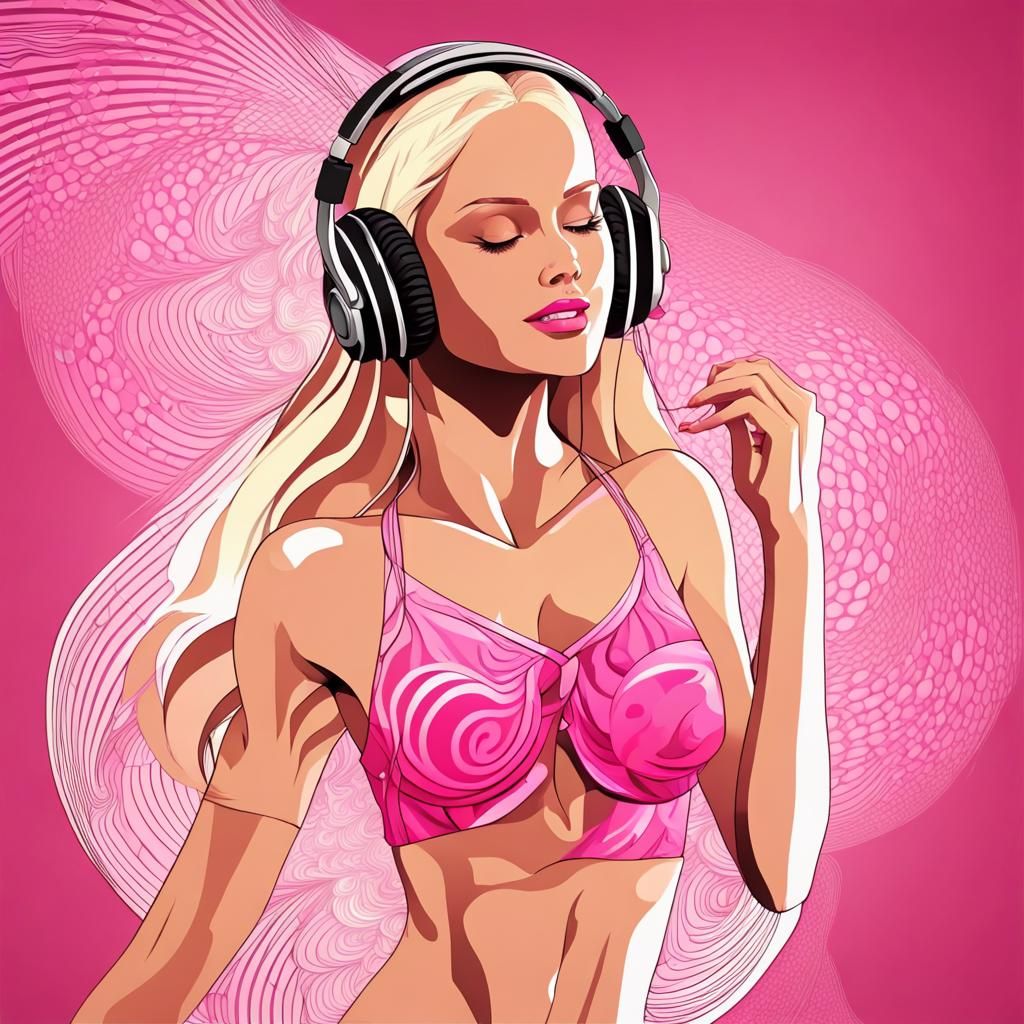 Blonde Girl Dancing with Pink Bikini and Headphones