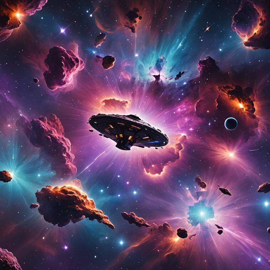 Cosmic Vista: Spaceship Enters Iridescent Nebula