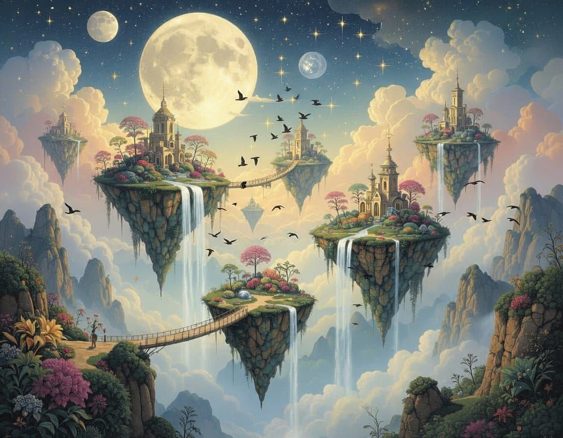 Surreal Dreamscape of Floating Islands and Moonlight Bridges