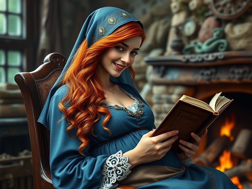 Medieval Maiden Reads by the Fireplace in a Fantastical Real...